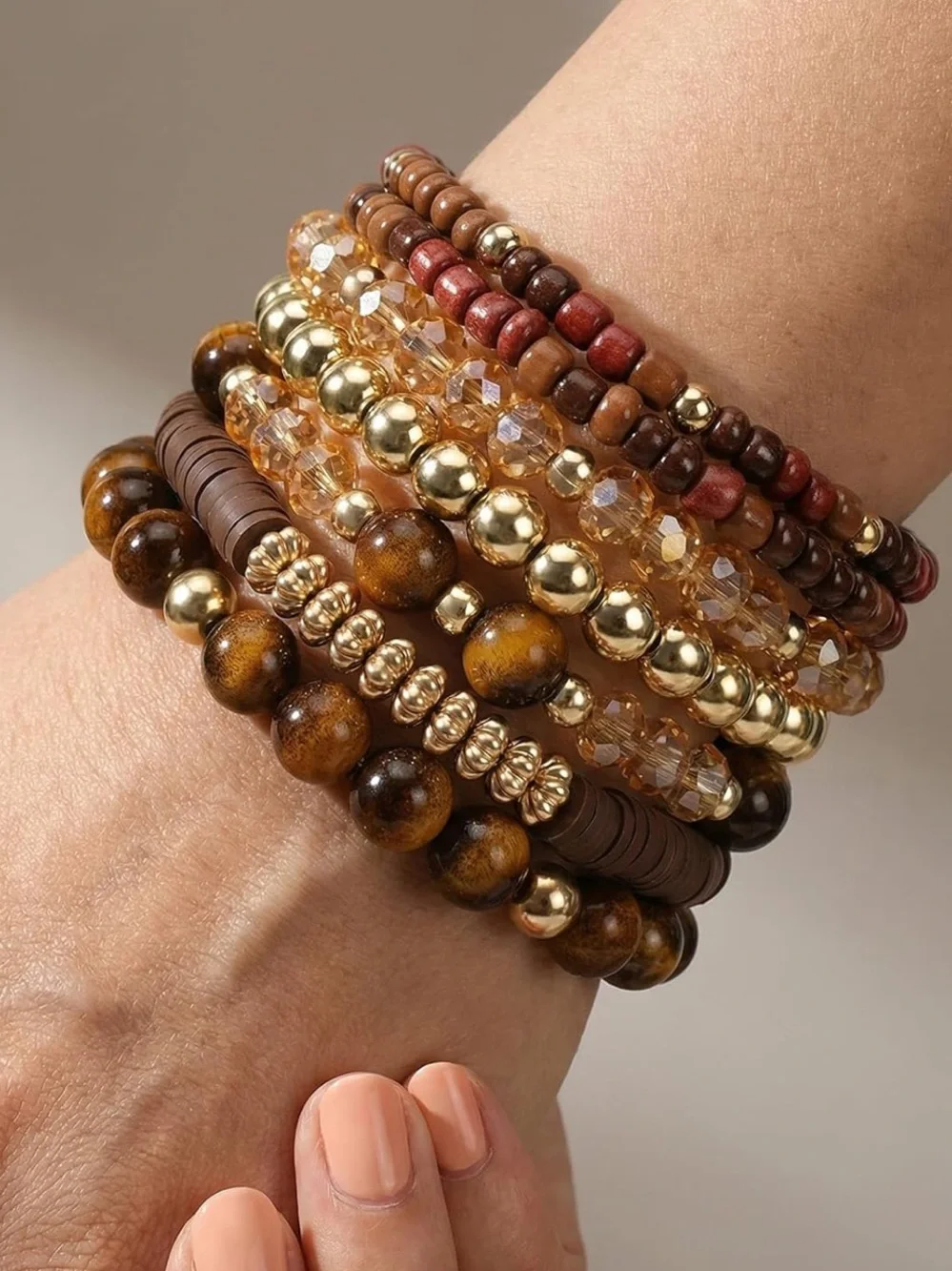 Anthropologie Brown, Gold & Amber Stackable Beaded Bracelet Set